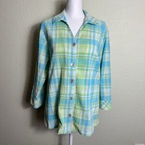 TOG Shop Women's Top Size PL 3/4 Sleeves Plaid Green‎ Yellow Blue Button Front